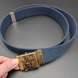 Vintage Web Belt Mens Navy Solid Brass Buckle Made in USA Patriotic Eagle READ